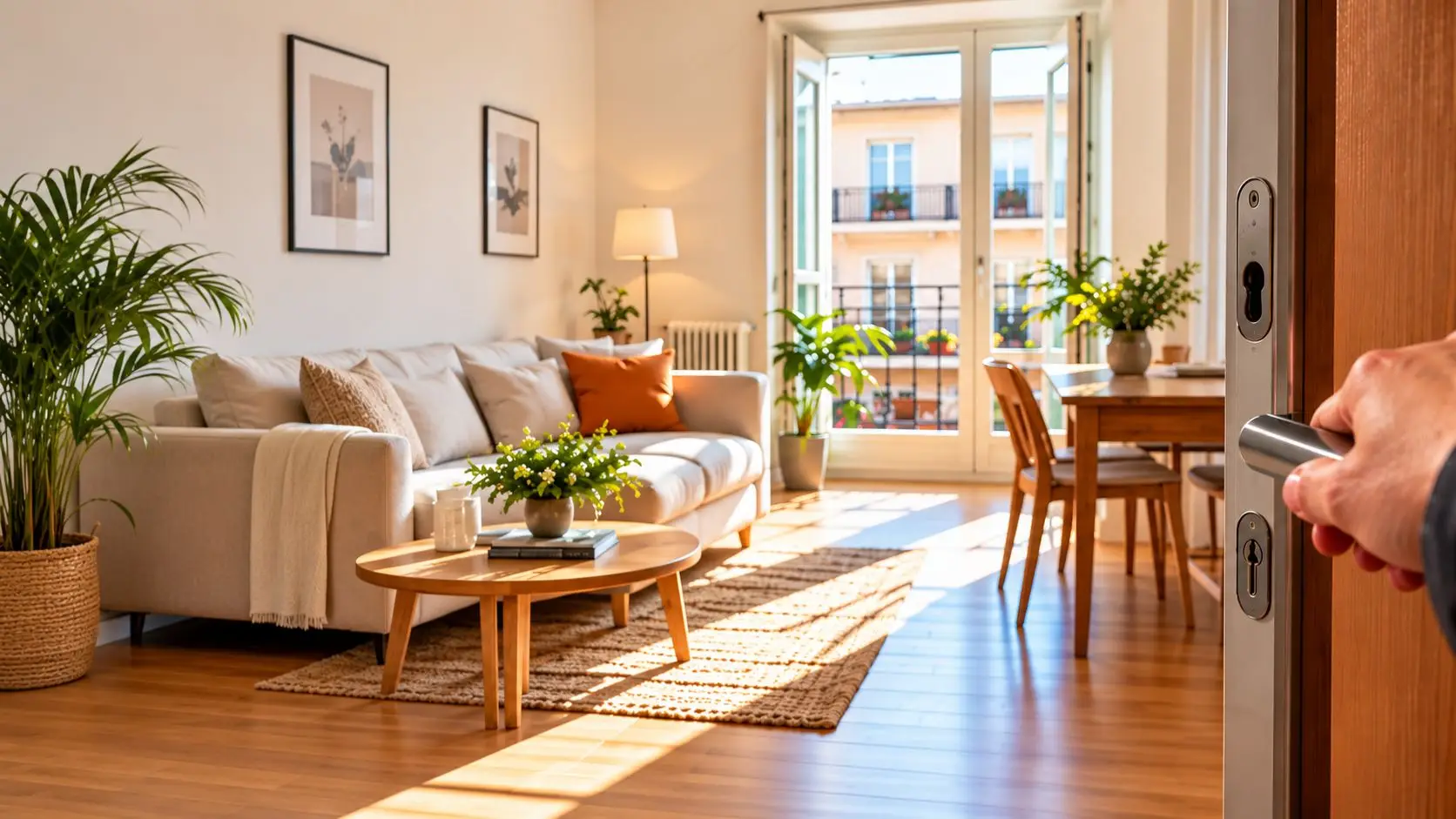 Salón luminoso de una vivienda con la puerta abriéndose